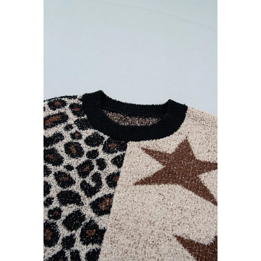 Leopard Star Pattern Round Neck Long Sleeve Shift Sweater Apparel and Accessories