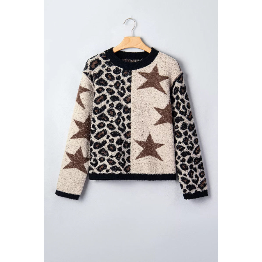 Leopard Star Pattern Round Neck Long Sleeve Shift Sweater Apparel and Accessories