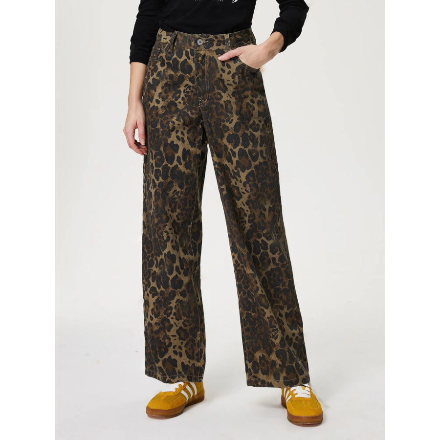 Leopard Straight Jeans with Pockets Apparel and Accessories