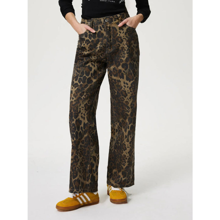 Leopard Straight Jeans with Pockets Apparel and Accessories