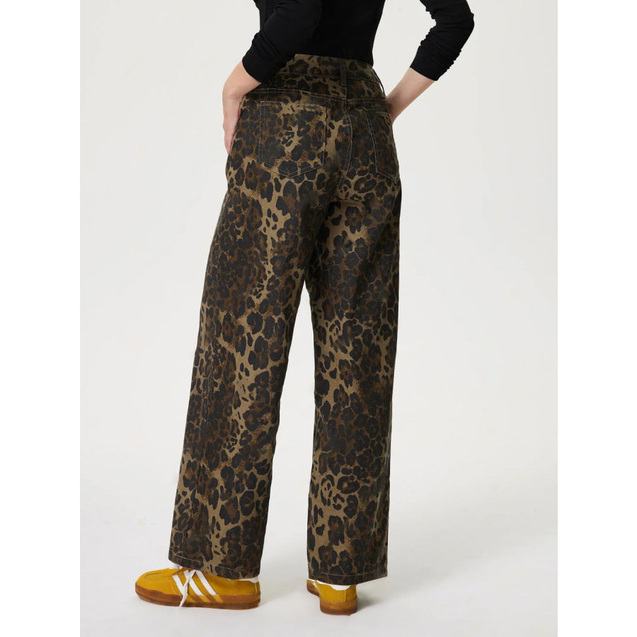 Leopard Straight Jeans with Pockets Apparel and Accessories