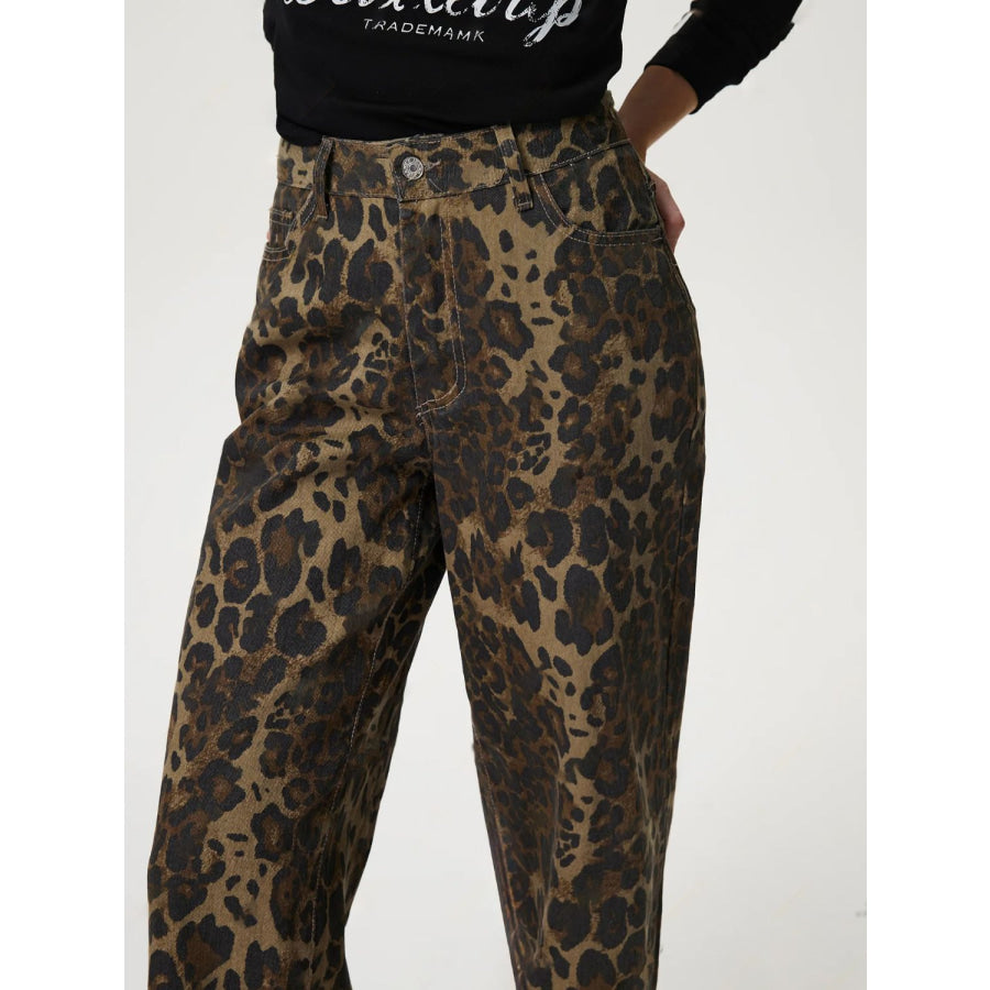 Leopard Straight Jeans with Pockets Apparel and Accessories