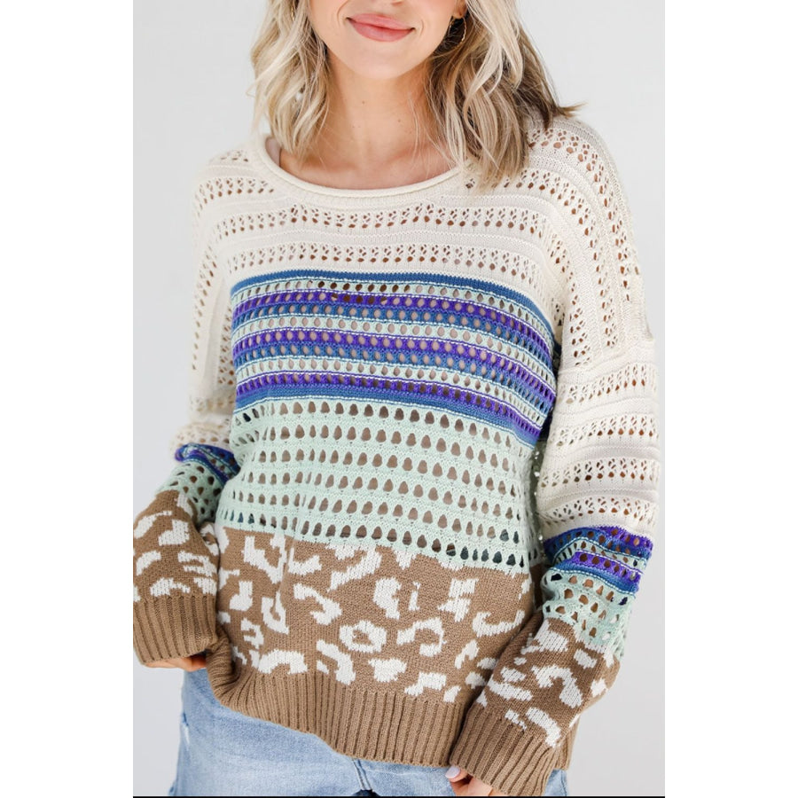 Leopard Striped Round Neck Crochet Knit Top Apparel and Accessories