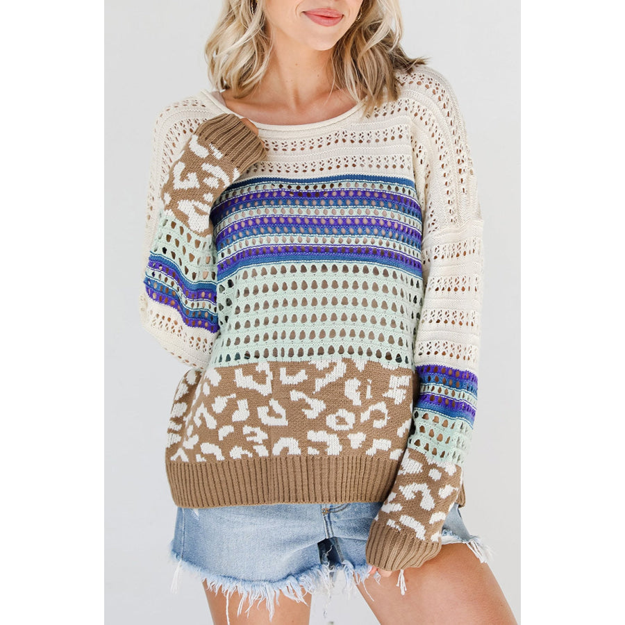 Leopard Striped Round Neck Crochet Knit Top Cream / S Apparel and Accessories