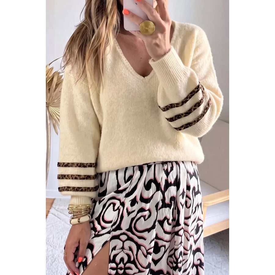 Leopard Striped V-Neck Sweater Apparel and Accessories