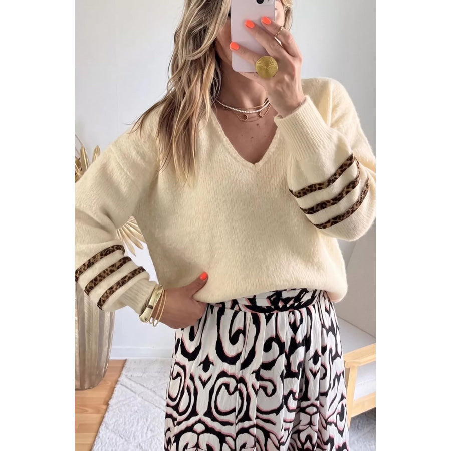 Leopard Striped V-Neck Sweater Beige / S Apparel and Accessories