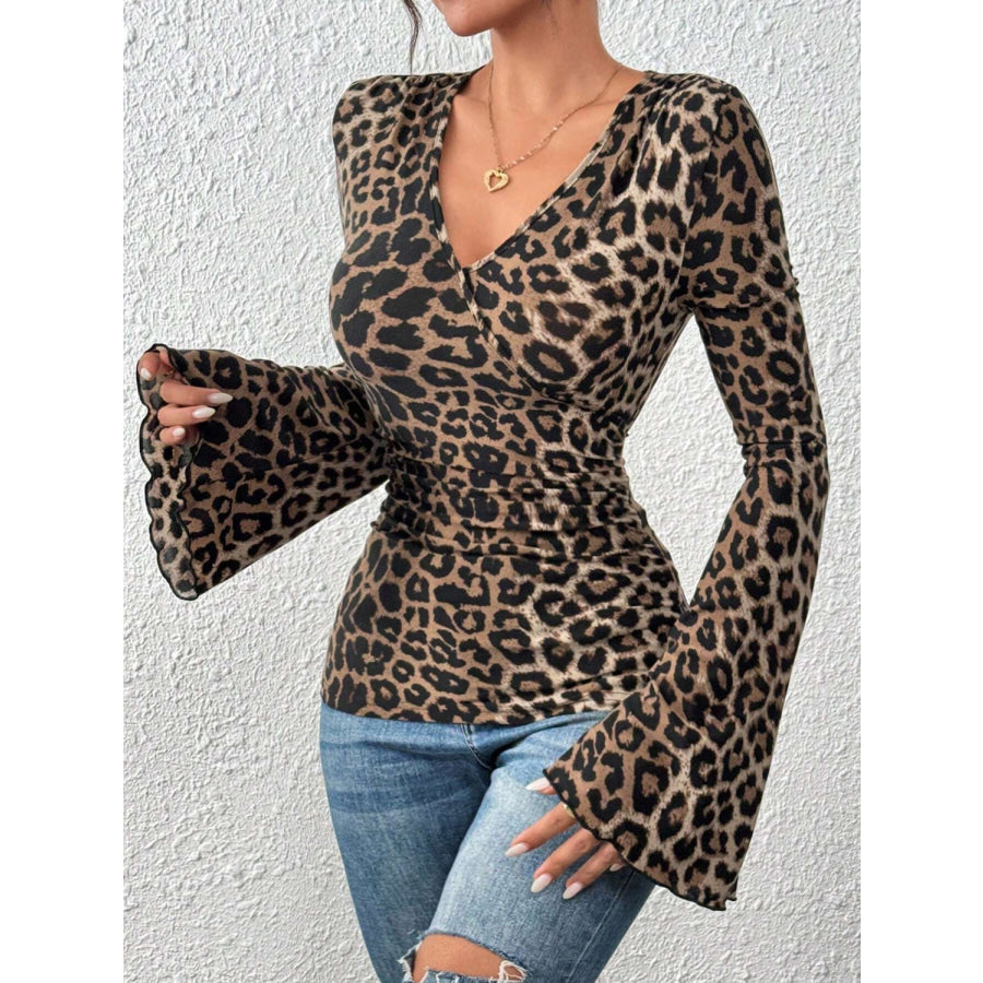 Leopard Surplice Flare Sleeve Top Apparel and Accessories