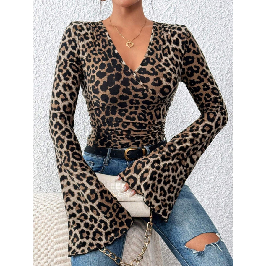 Leopard Surplice Flare Sleeve Top Apparel and Accessories