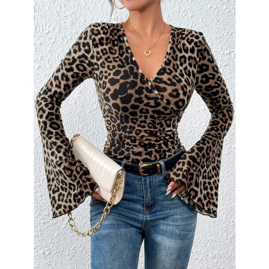 Leopard Surplice Flare Sleeve Top Apparel and Accessories