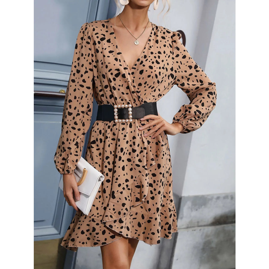 Leopard Surplice Wrap Mini Dress Khaki / S Apparel and Accessories