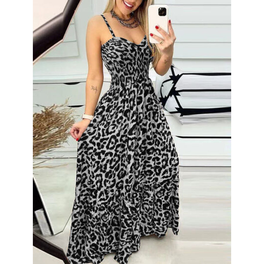 Leopard Sweetheart Neck Cami Dress Charcoal / S Apparel and Accessories