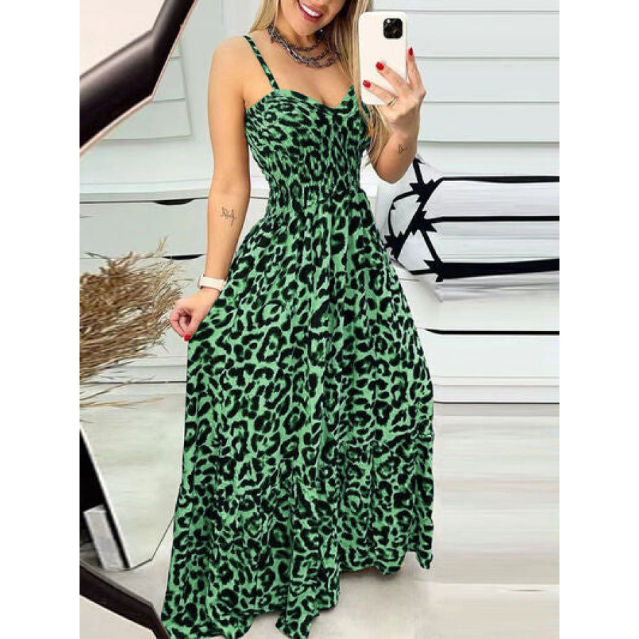 Leopard Sweetheart Neck Cami Dress Green / S Apparel and Accessories