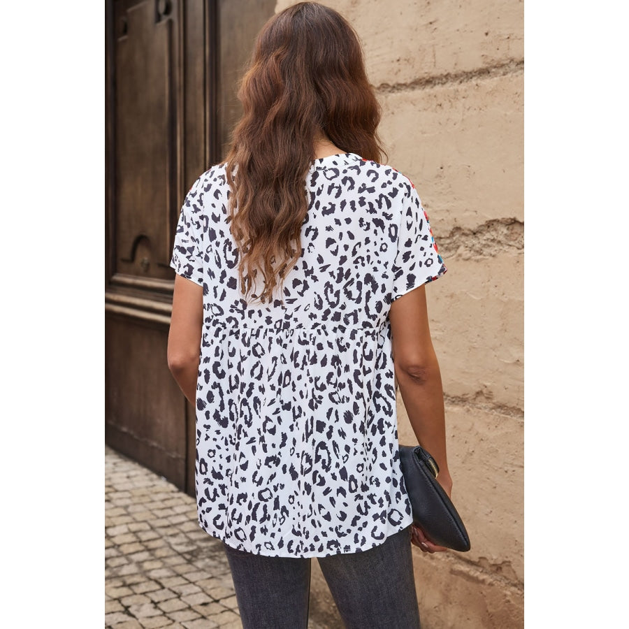 Leopard Tassel Tie Short Sleeve Top