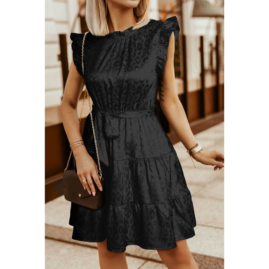 Leopard Tie Belt Tiered Dress Black / S Apparel and Accessories