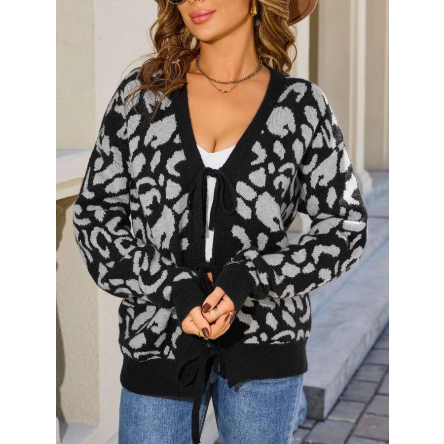Leopard Tie-Front Cardigan Black / S Apparel and Accessories