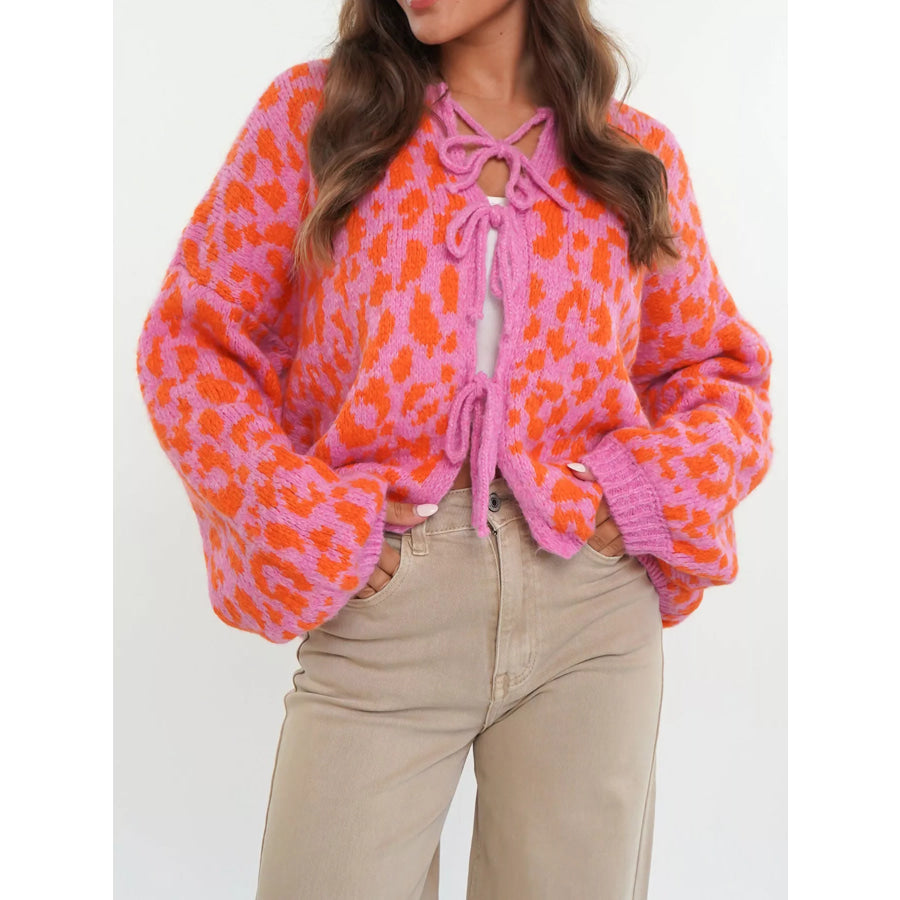 Leopard Tie-Front Cardigan Burnt Coral / S Apparel and Accessories
