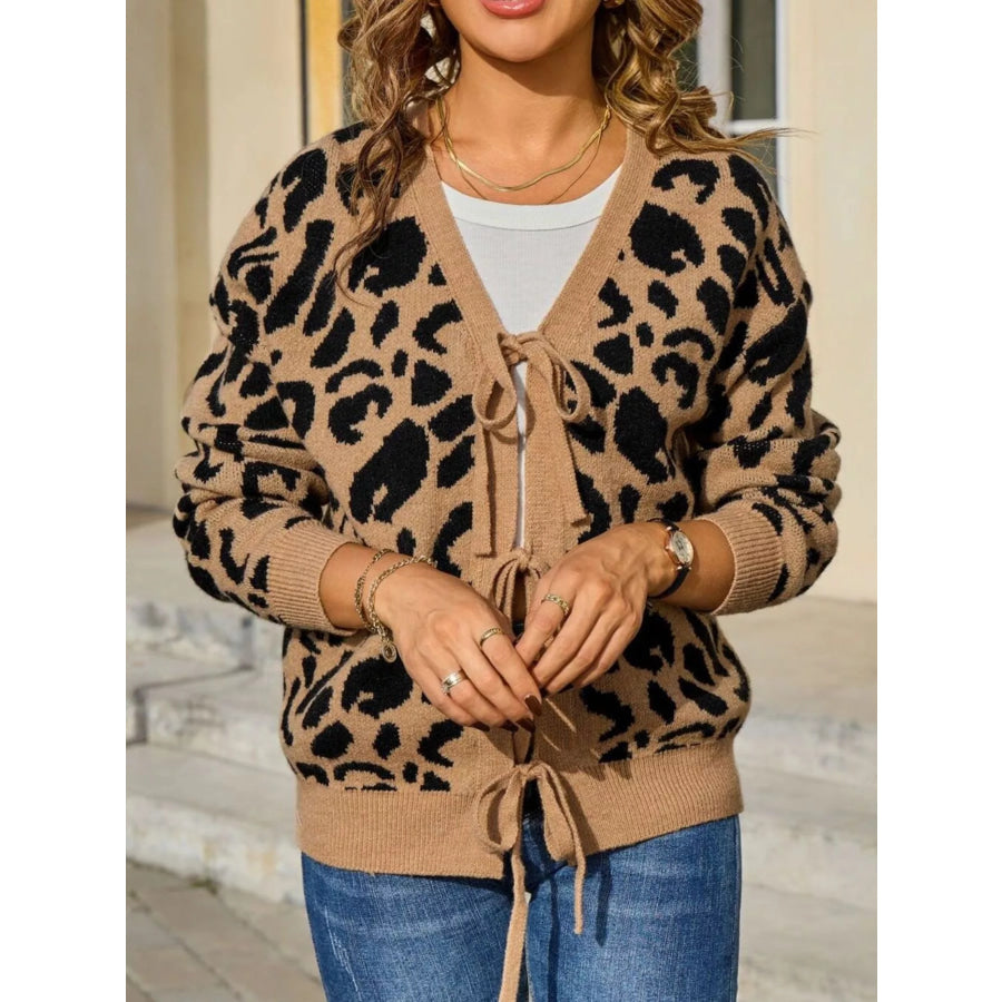 Leopard Tie-Front Cardigan Khaki / S Apparel and Accessories