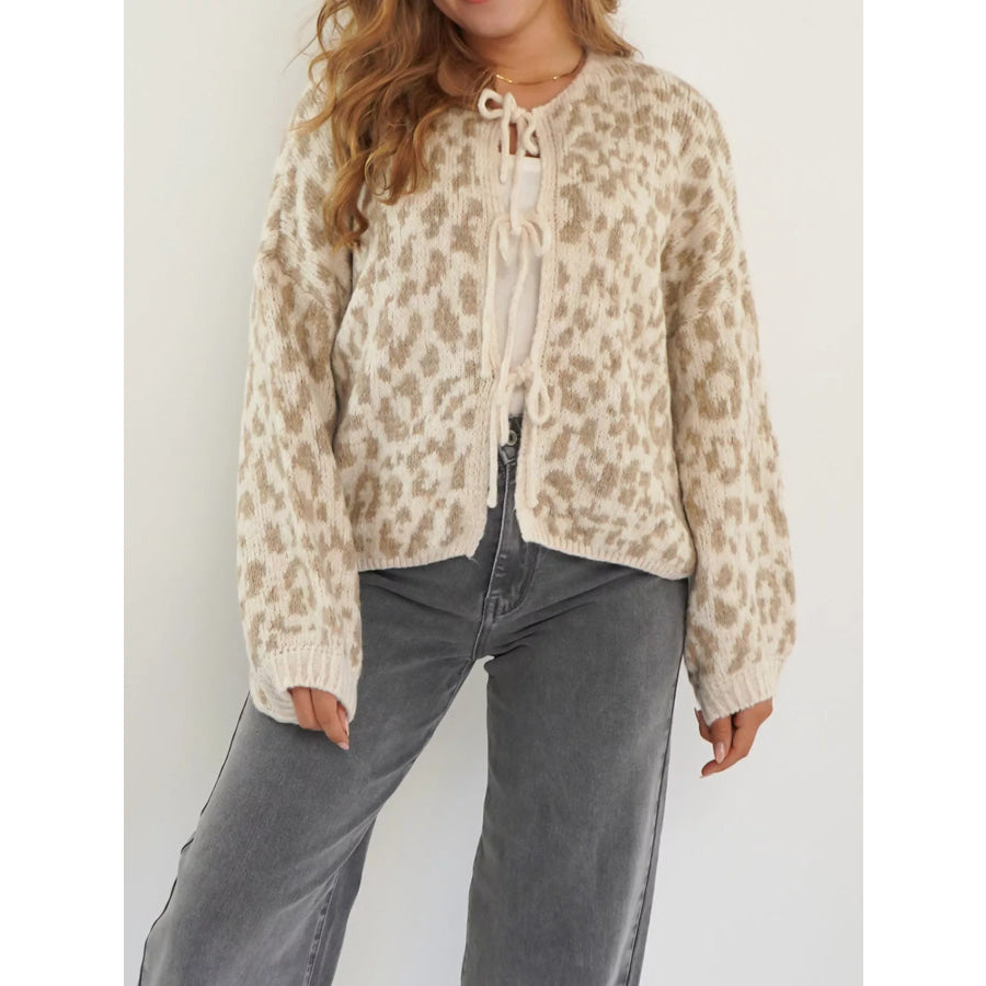 Leopard Tie-Front Cardigan Khaki / S Apparel and Accessories