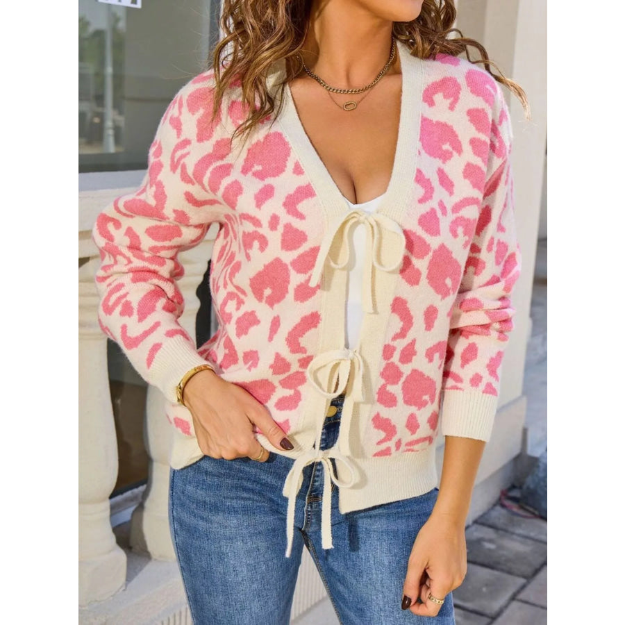 Leopard Tie-Front Cardigan Pink / S Apparel and Accessories
