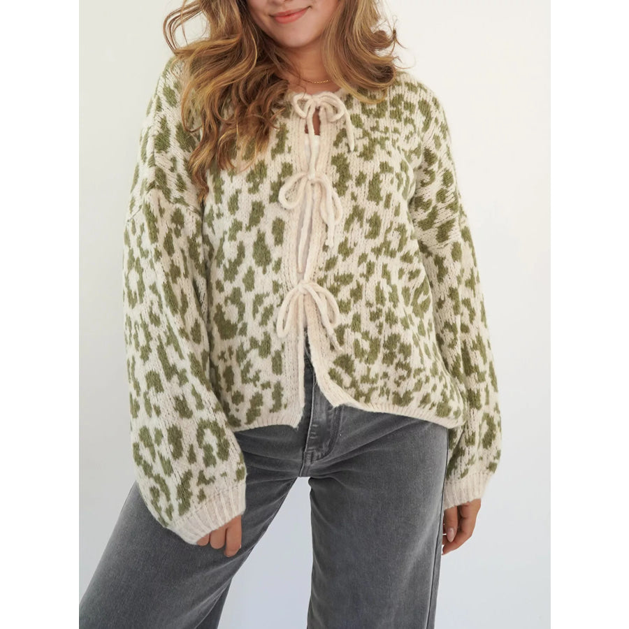Leopard Tie-Front Cardigan Sage / S Apparel and Accessories