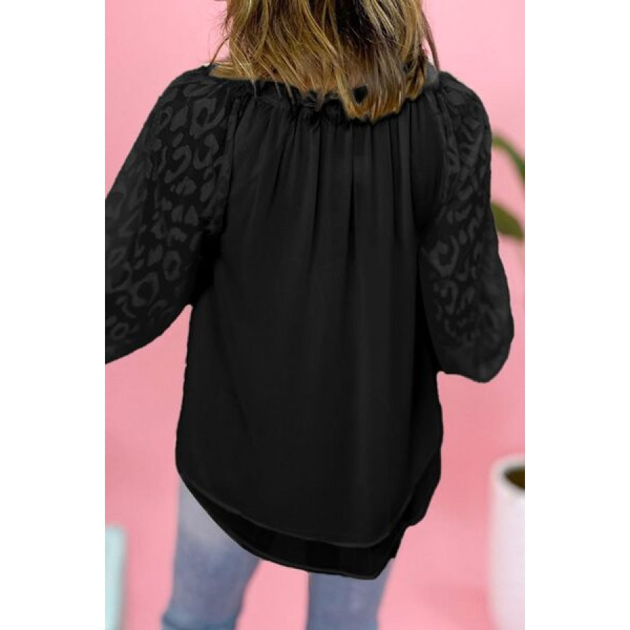 Leopard Tie Neck Balloon Sleeve Blouse Clothing