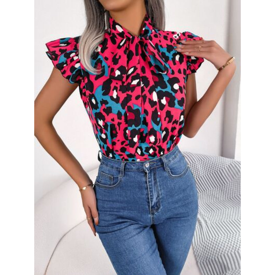 Leopard Tie Neck Cap Sleeve Blouse Apparel and Accessories