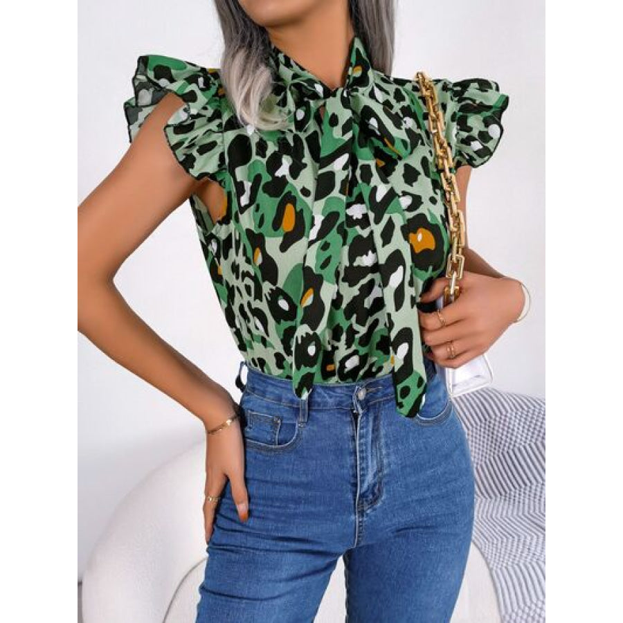 Leopard Tie Neck Cap Sleeve Blouse Apparel and Accessories