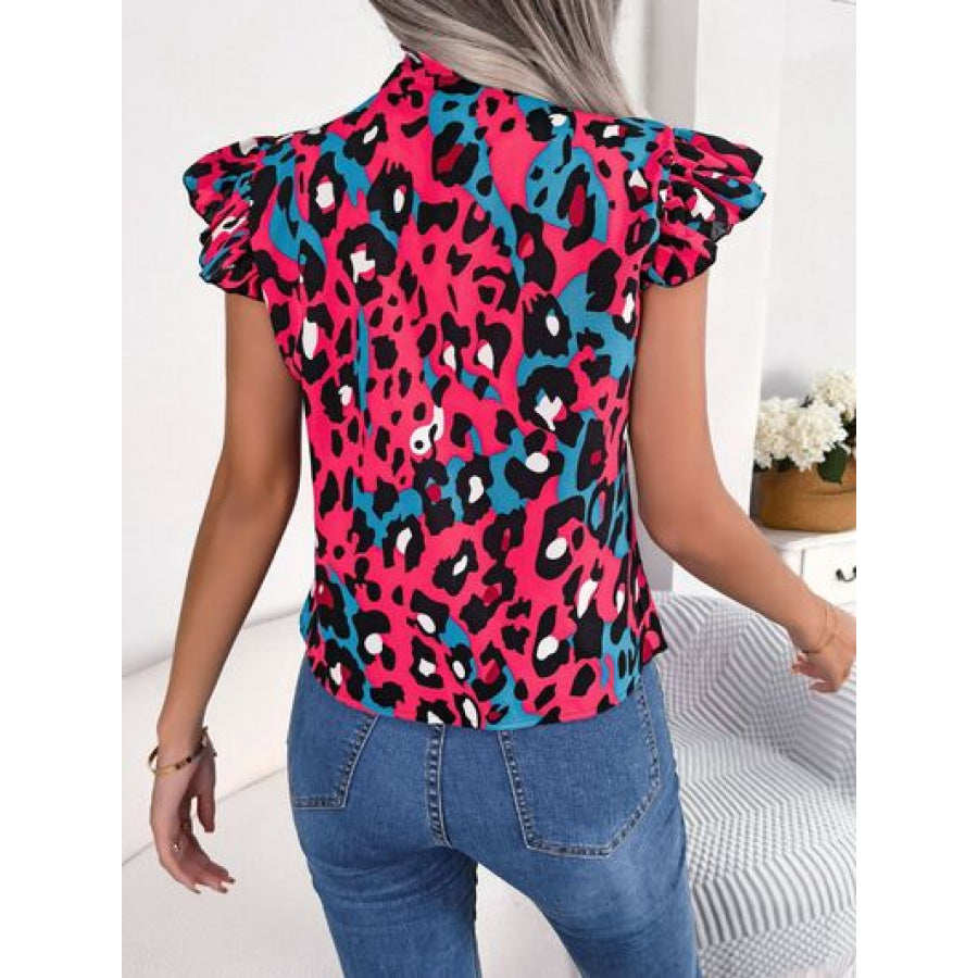 Leopard Tie Neck Cap Sleeve Blouse Apparel and Accessories