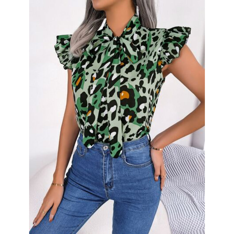 Leopard Tie Neck Cap Sleeve Blouse Apparel and Accessories