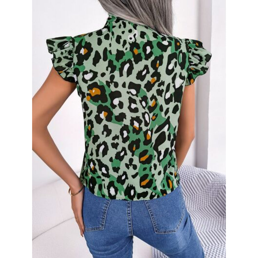 Leopard Tie Neck Cap Sleeve Blouse Apparel and Accessories