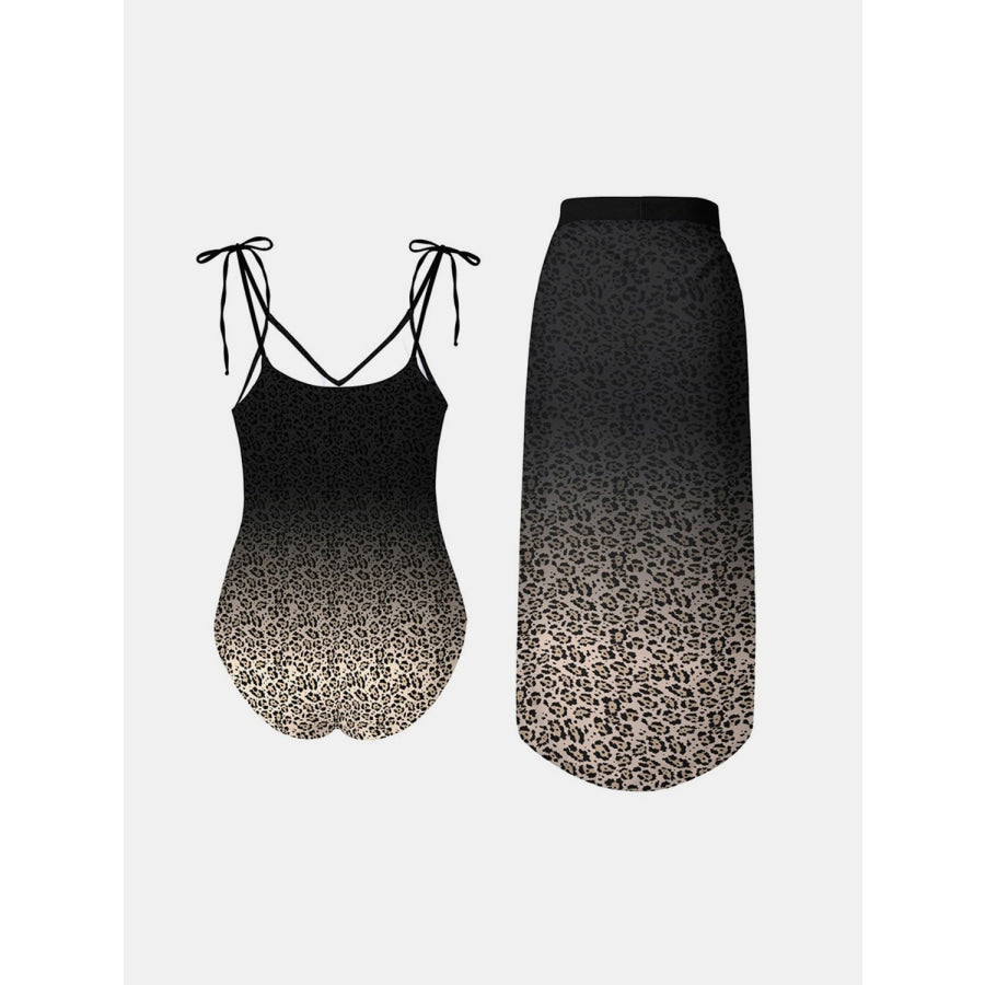 Leopard Tie Shoulder Swimwear and Skirt Swim Set Black / S Apparel Accessories