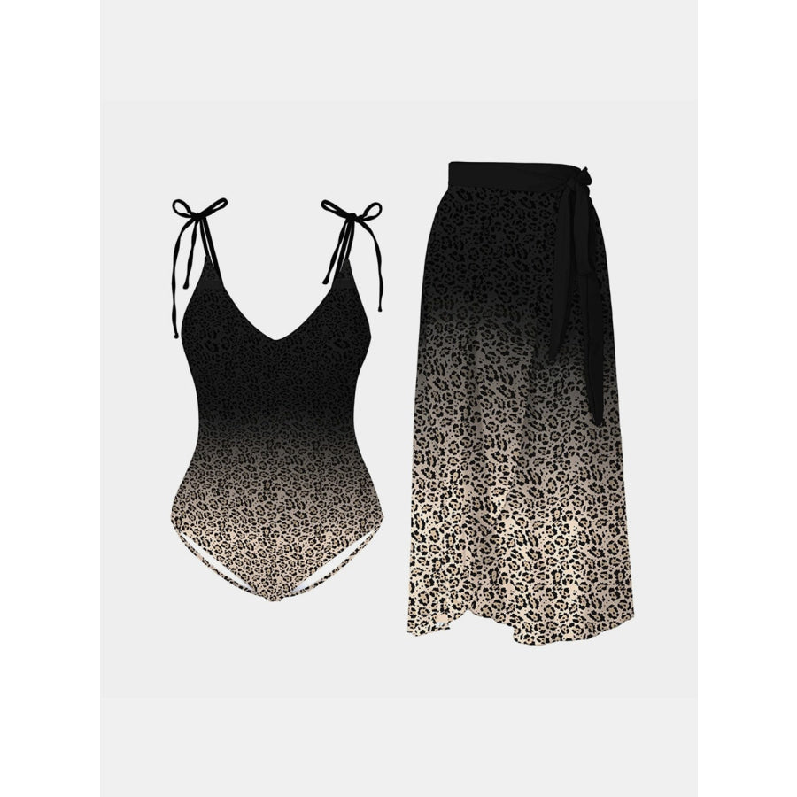 Leopard Tie Shoulder Swimwear and Skirt Swim Set Black / S Apparel Accessories