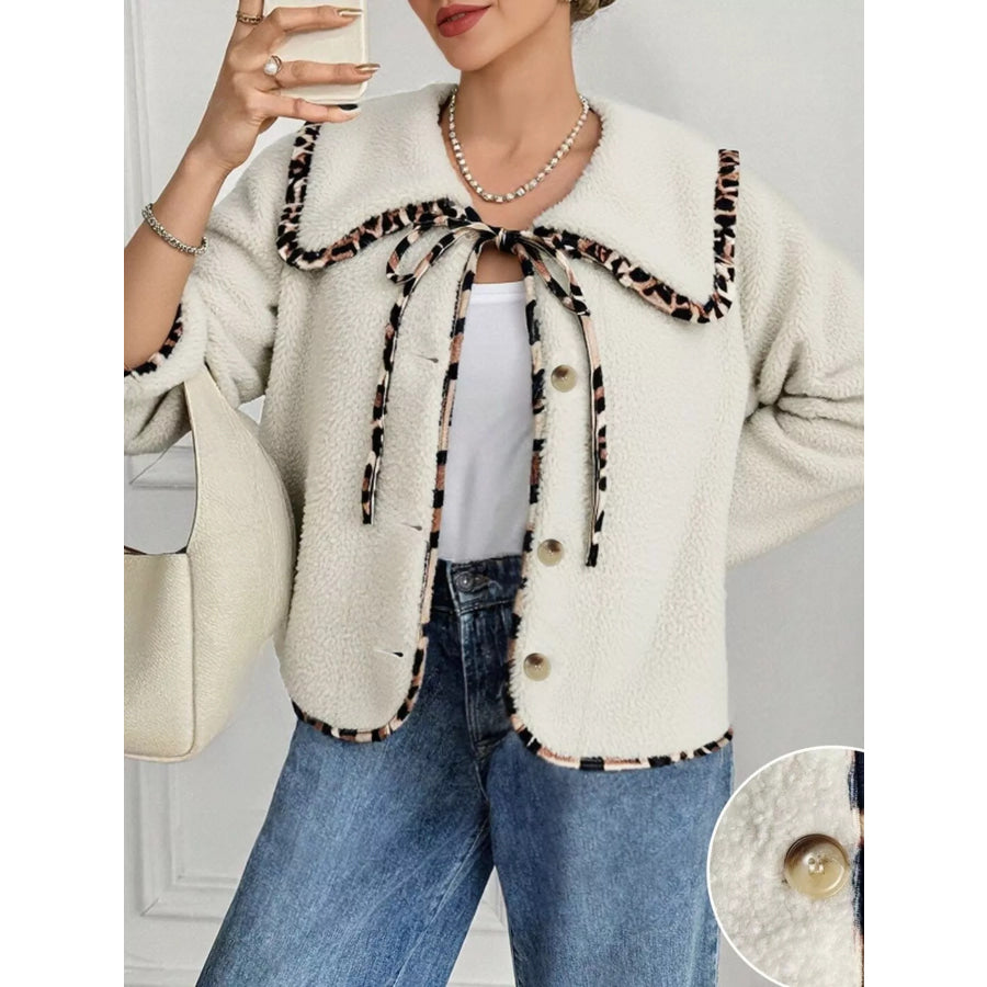 Leopard Trim Contrast Collar Sherpa Jacket Apparel and Accessories