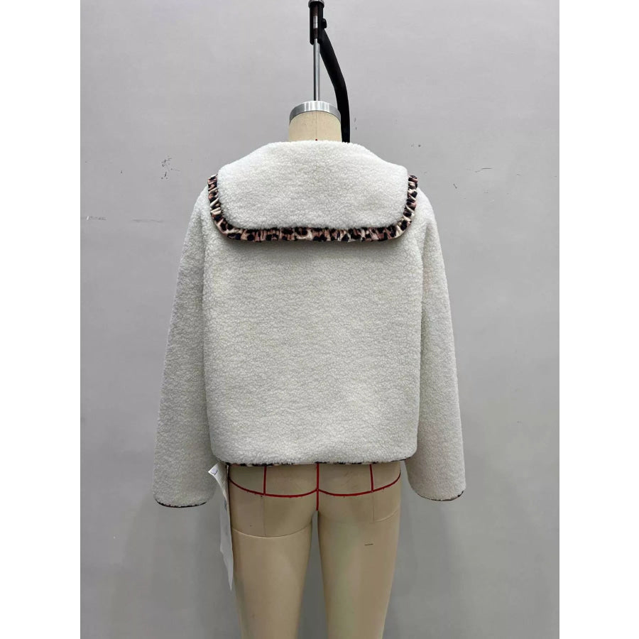 Leopard Trim Contrast Collar Sherpa Jacket Apparel and Accessories