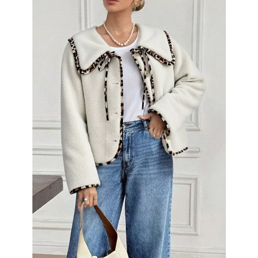 Leopard Trim Contrast Collar Sherpa Jacket Beige / S Apparel and Accessories