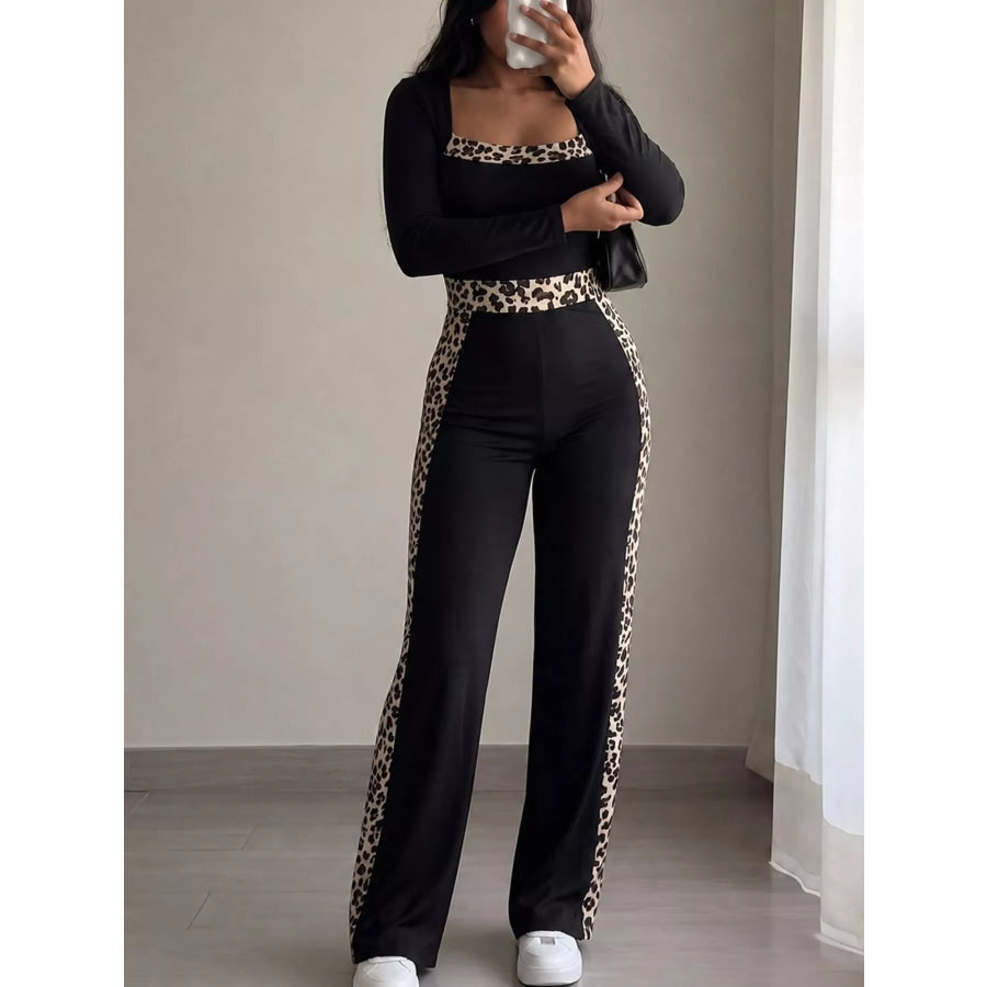 Leopard Trim Long Sleeve Jumpsuit Apparel and Accessories