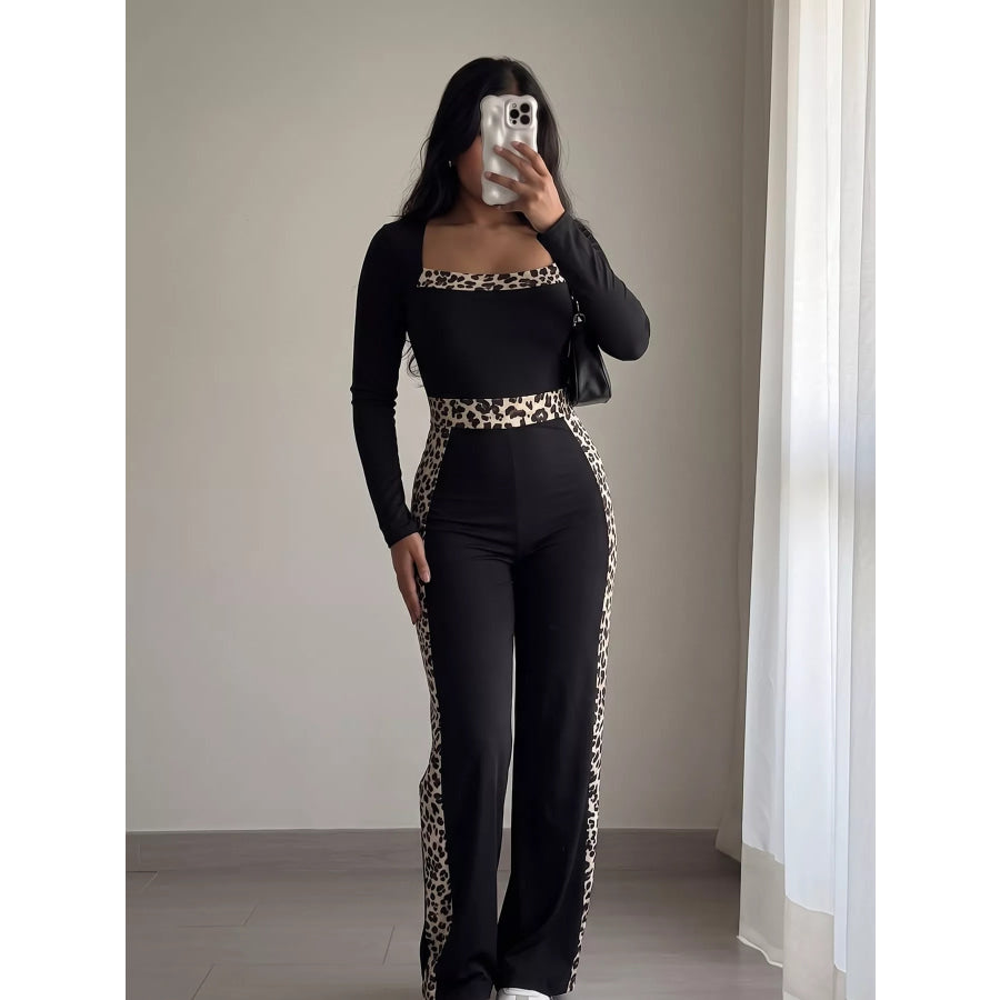 Leopard Trim Long Sleeve Jumpsuit Apparel and Accessories
