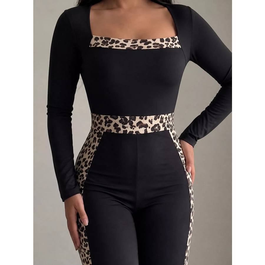 Leopard Trim Long Sleeve Jumpsuit Apparel and Accessories