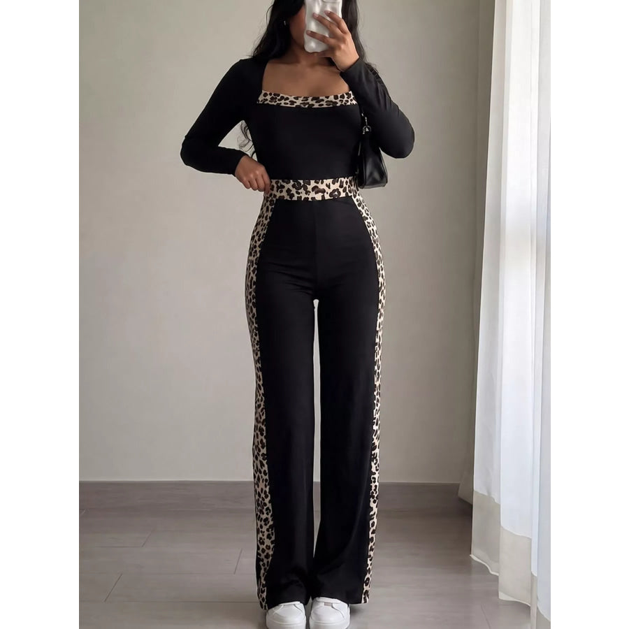 Leopard Trim Long Sleeve Jumpsuit Black / S Apparel and Accessories