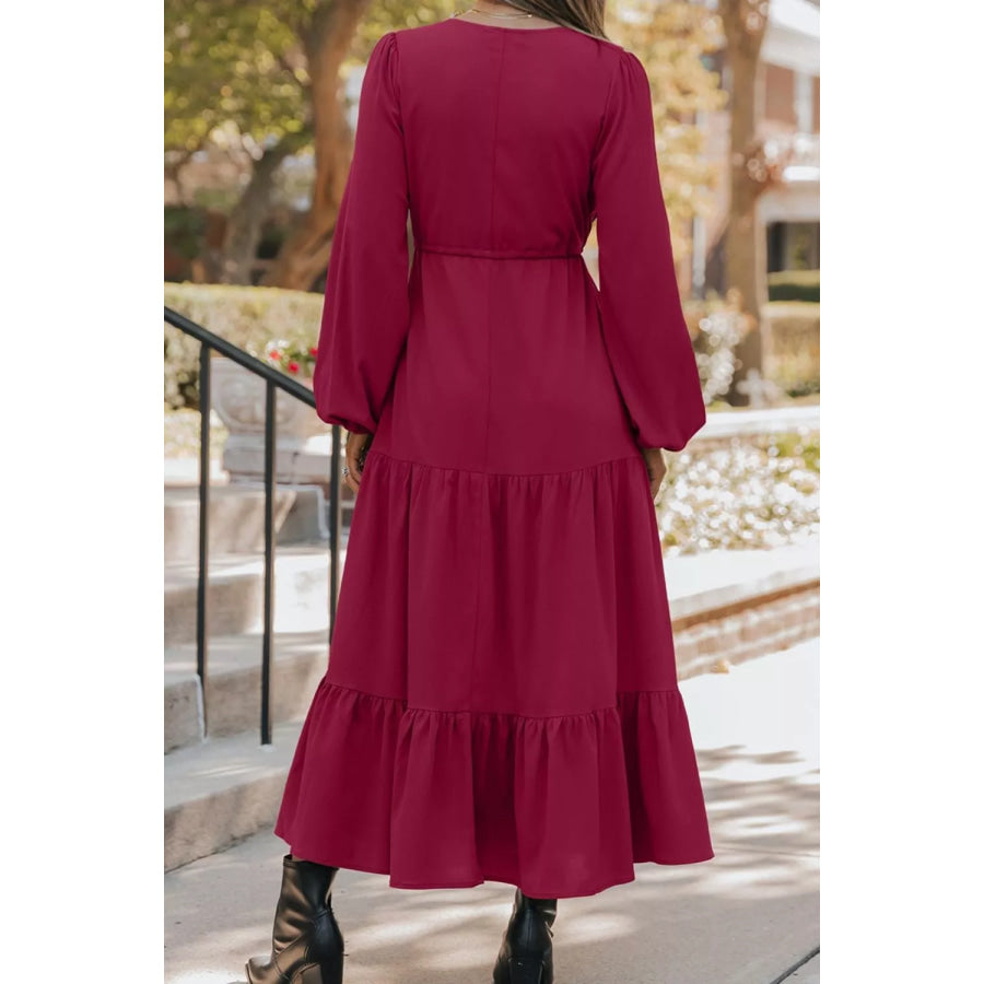 Leopard Trim Notched Neck Short Puff Sleeve Shift Mini Dress Burgundy / S Apparel and Accessories