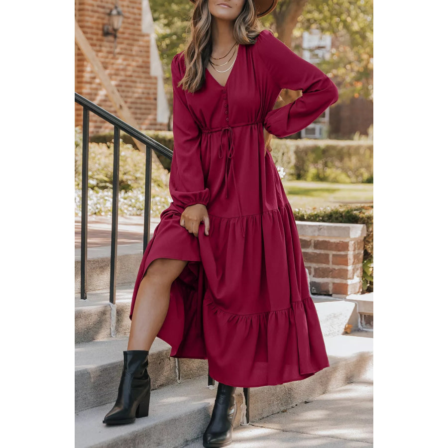 Leopard Trim Notched Neck Short Puff Sleeve Shift Mini Dress Burgundy / S Apparel and Accessories