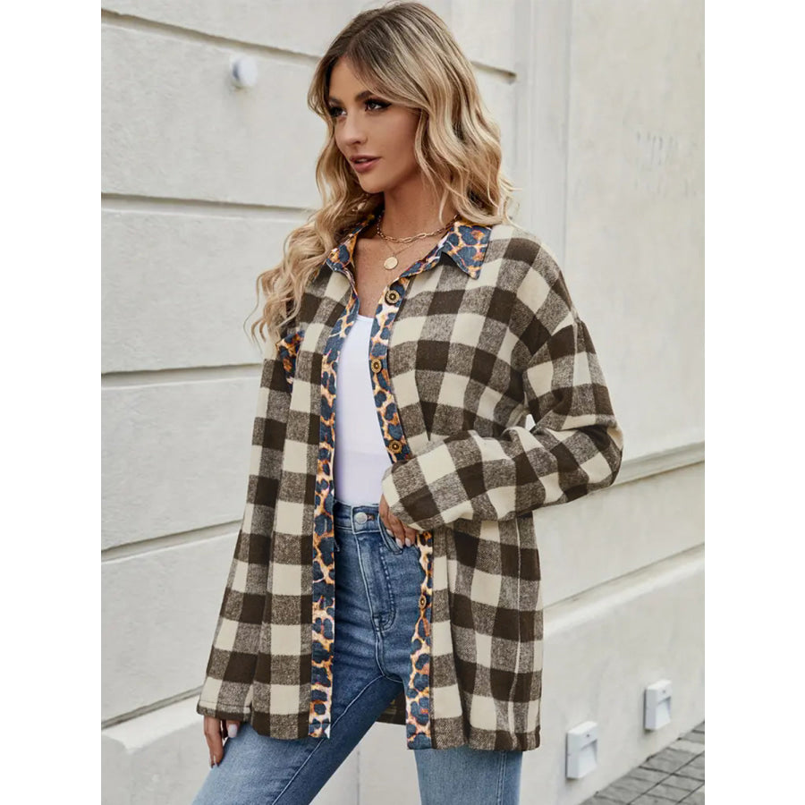 Leopard Trim Plaid Collared Neck Long Sleeve Shirt Apparel and Accessories