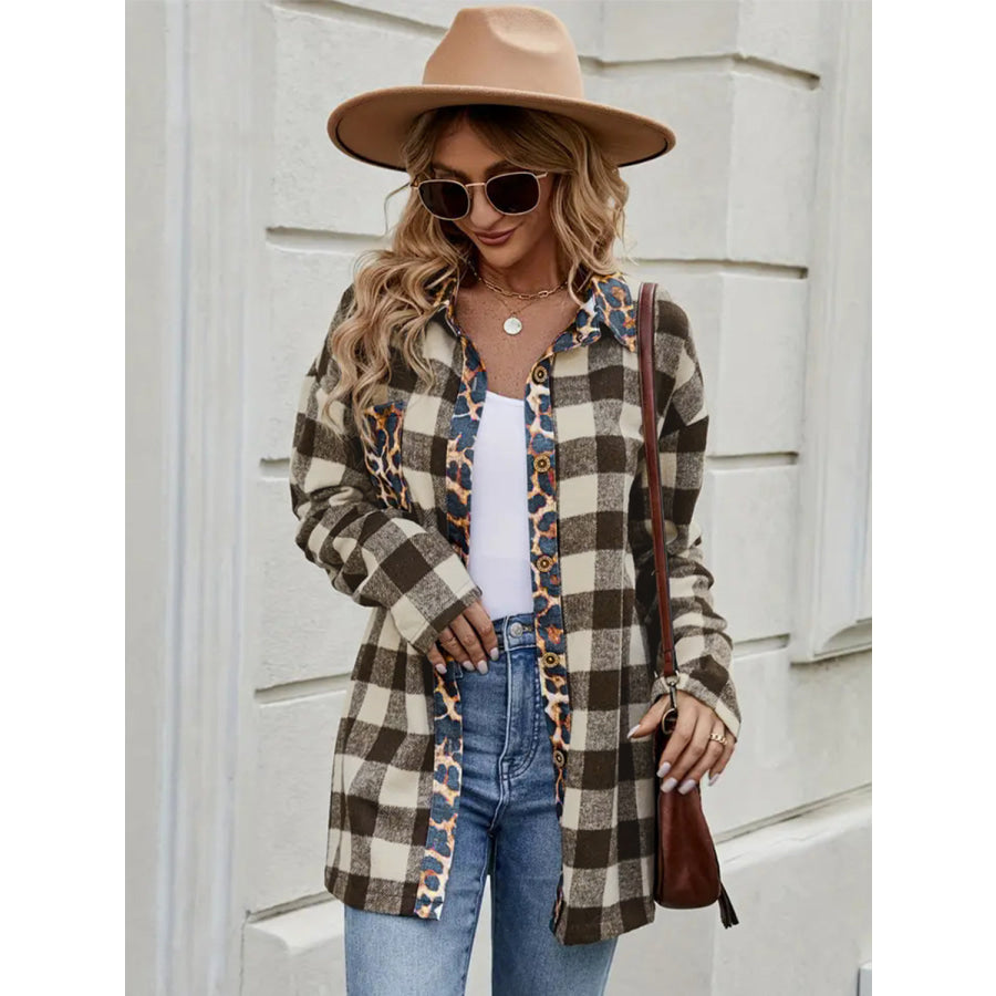 Leopard Trim Plaid Collared Neck Long Sleeve Shirt Coffee Brown / S Apparel and Accessories