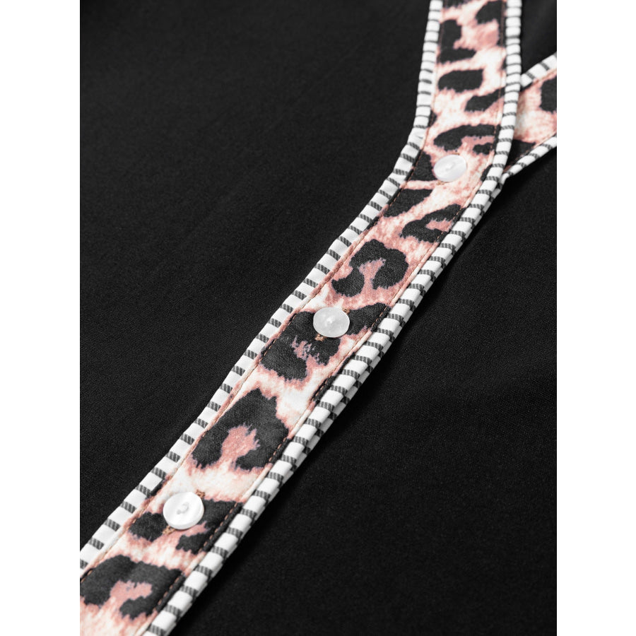Leopard Trim Puff Sleeve Blouse Apparel and Accessories