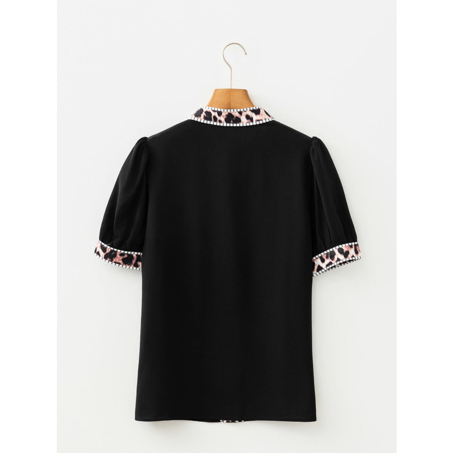 Leopard Trim Puff Sleeve Blouse Apparel and Accessories