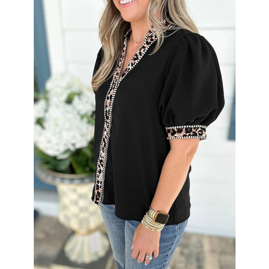 Leopard Trim Puff Sleeve Blouse Apparel and Accessories
