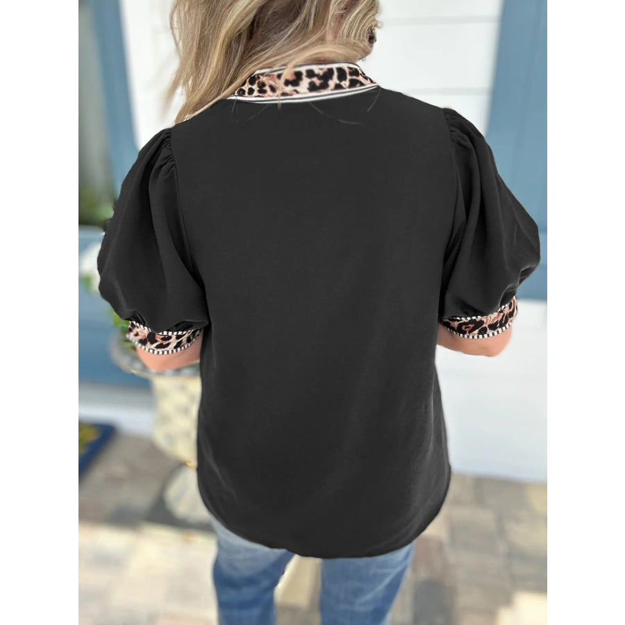 Leopard Trim Puff Sleeve Blouse Apparel and Accessories