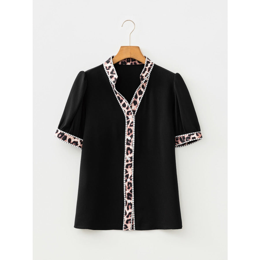 Leopard Trim Puff Sleeve Blouse Apparel and Accessories