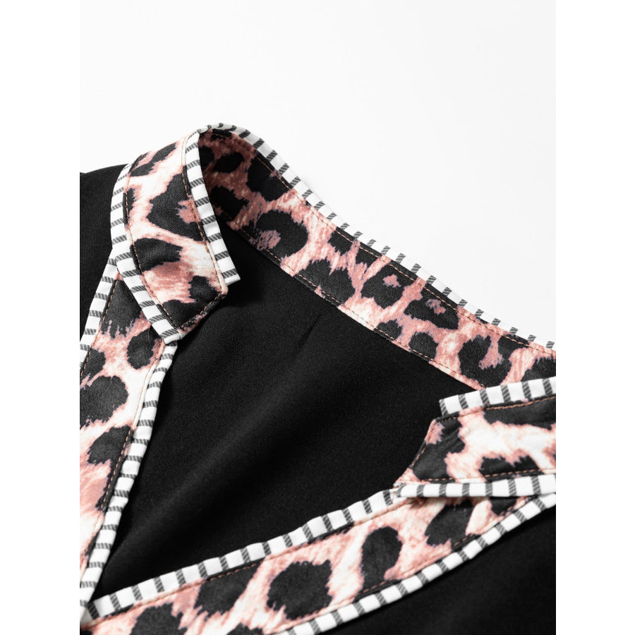 Leopard Trim Puff Sleeve Blouse Apparel and Accessories