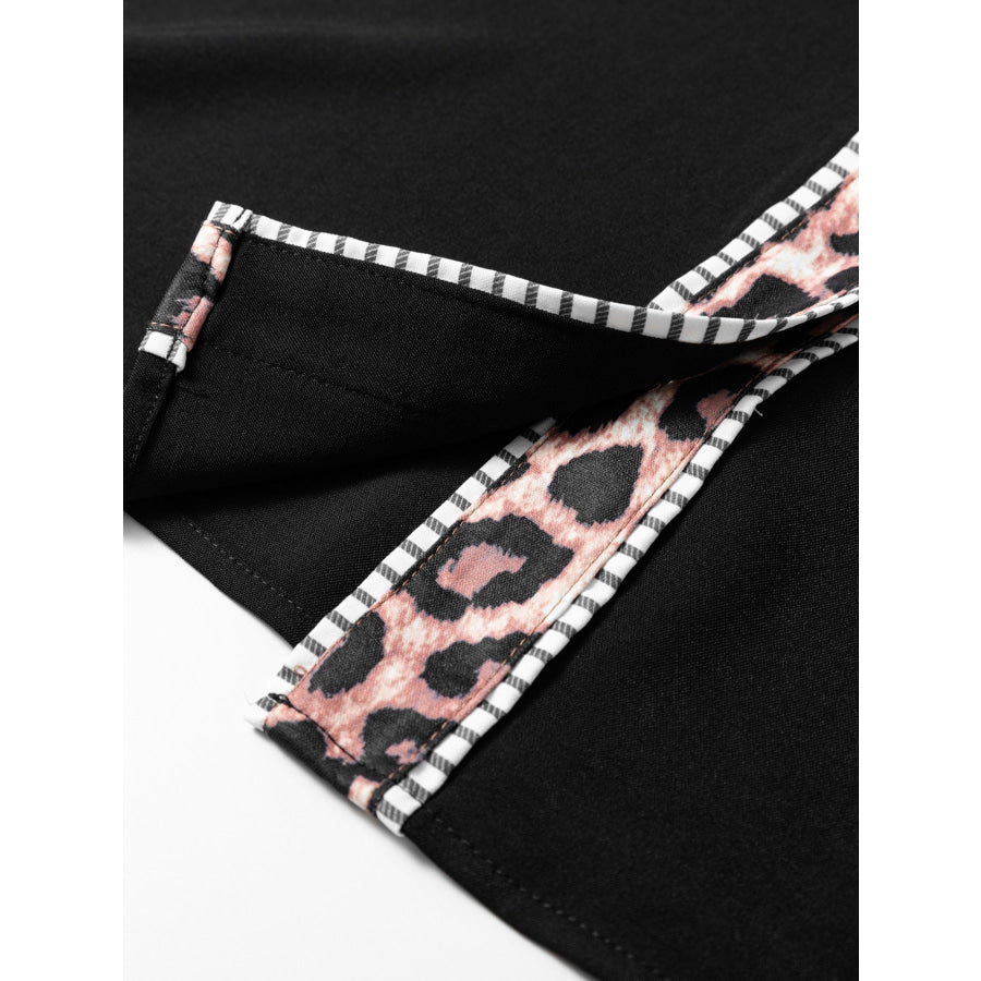 Leopard Trim Puff Sleeve Blouse Apparel and Accessories